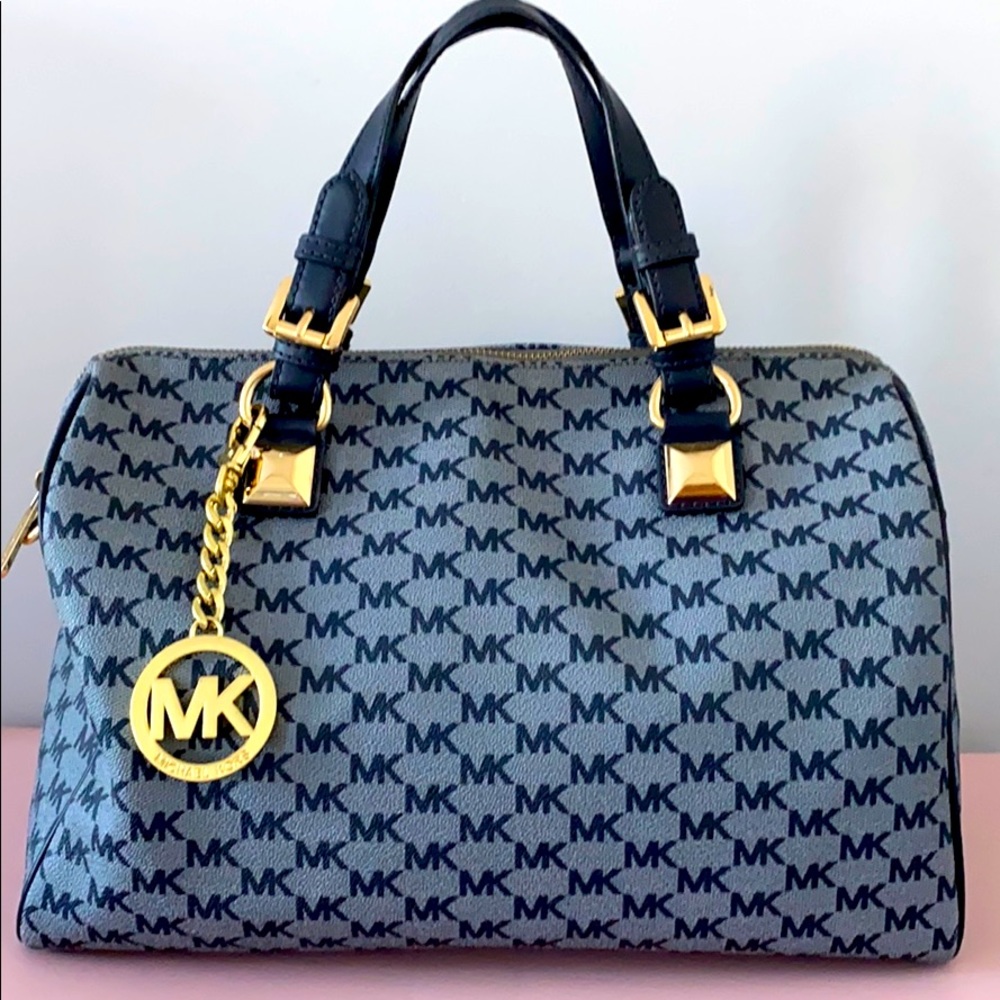 Michael Kors Navy Blue & Gold Block Logo Satchel